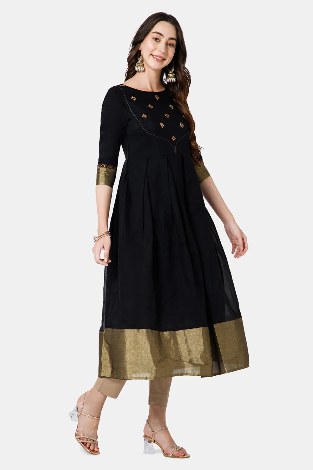 Mythri Women's Ethnic Wear Round Neck Anarkali dress with 3/4 sleeve - Black - KU49