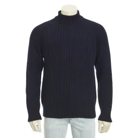 Navy Blue Wool Turtleneck Rib-Knit Sweater