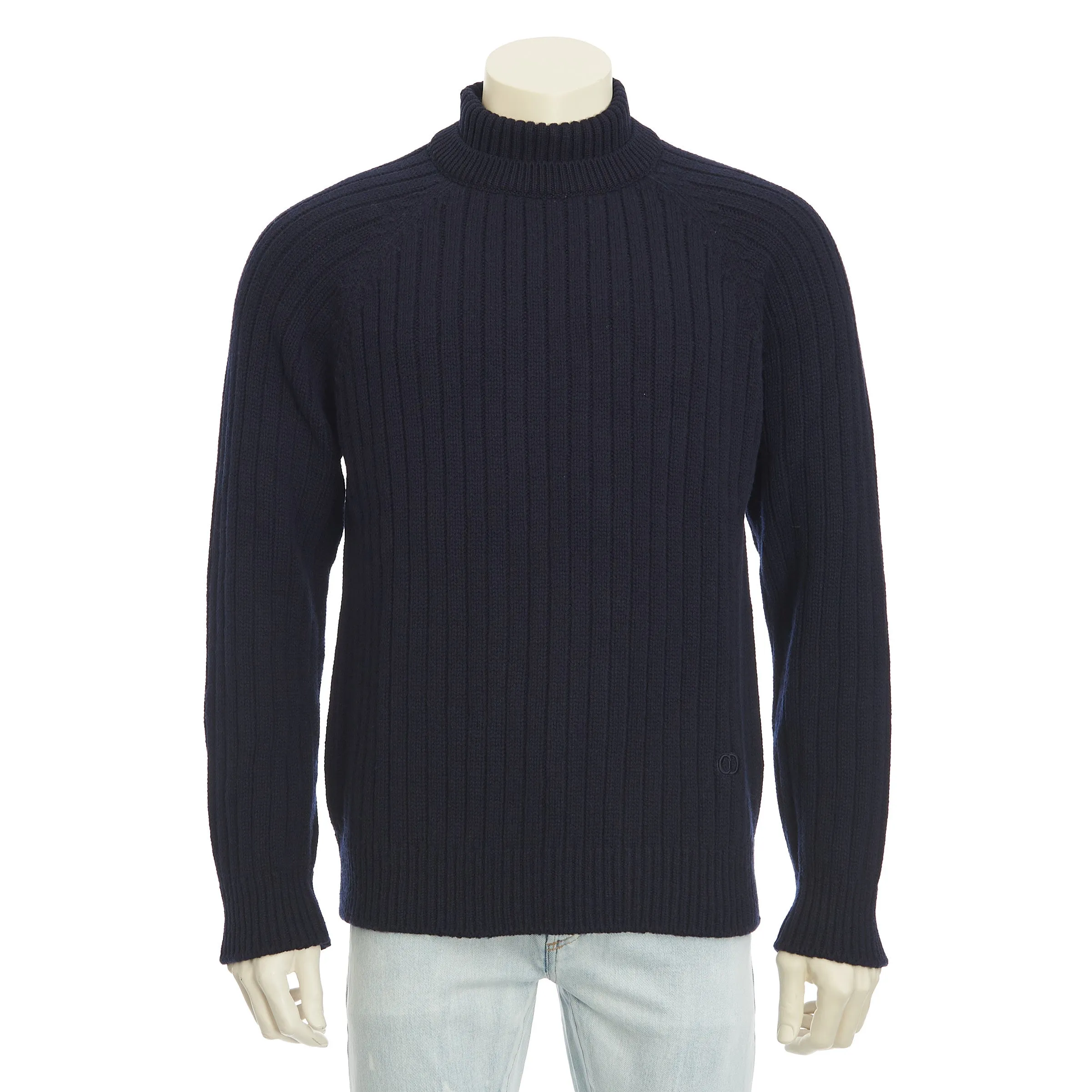 Navy Blue Wool Turtleneck Rib-Knit Sweater