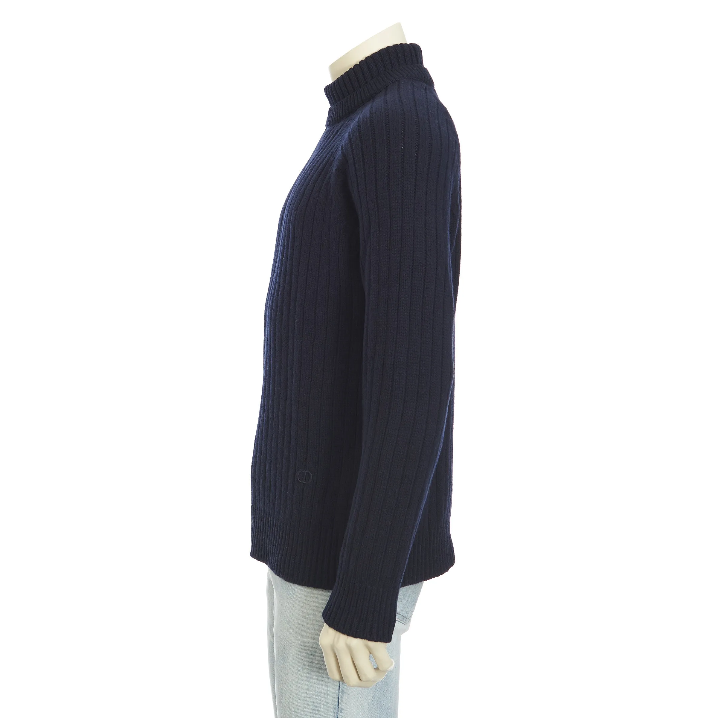 Navy Blue Wool Turtleneck Rib-Knit Sweater