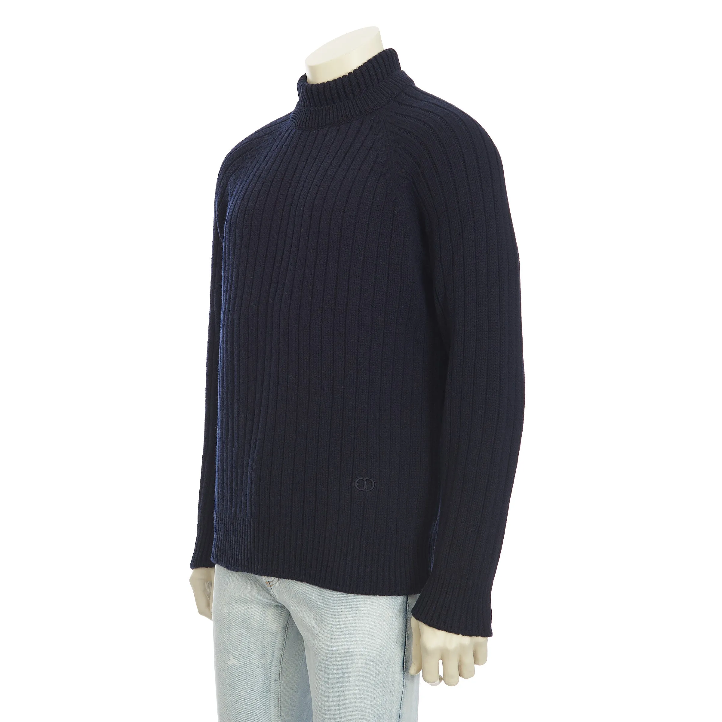 Navy Blue Wool Turtleneck Rib-Knit Sweater