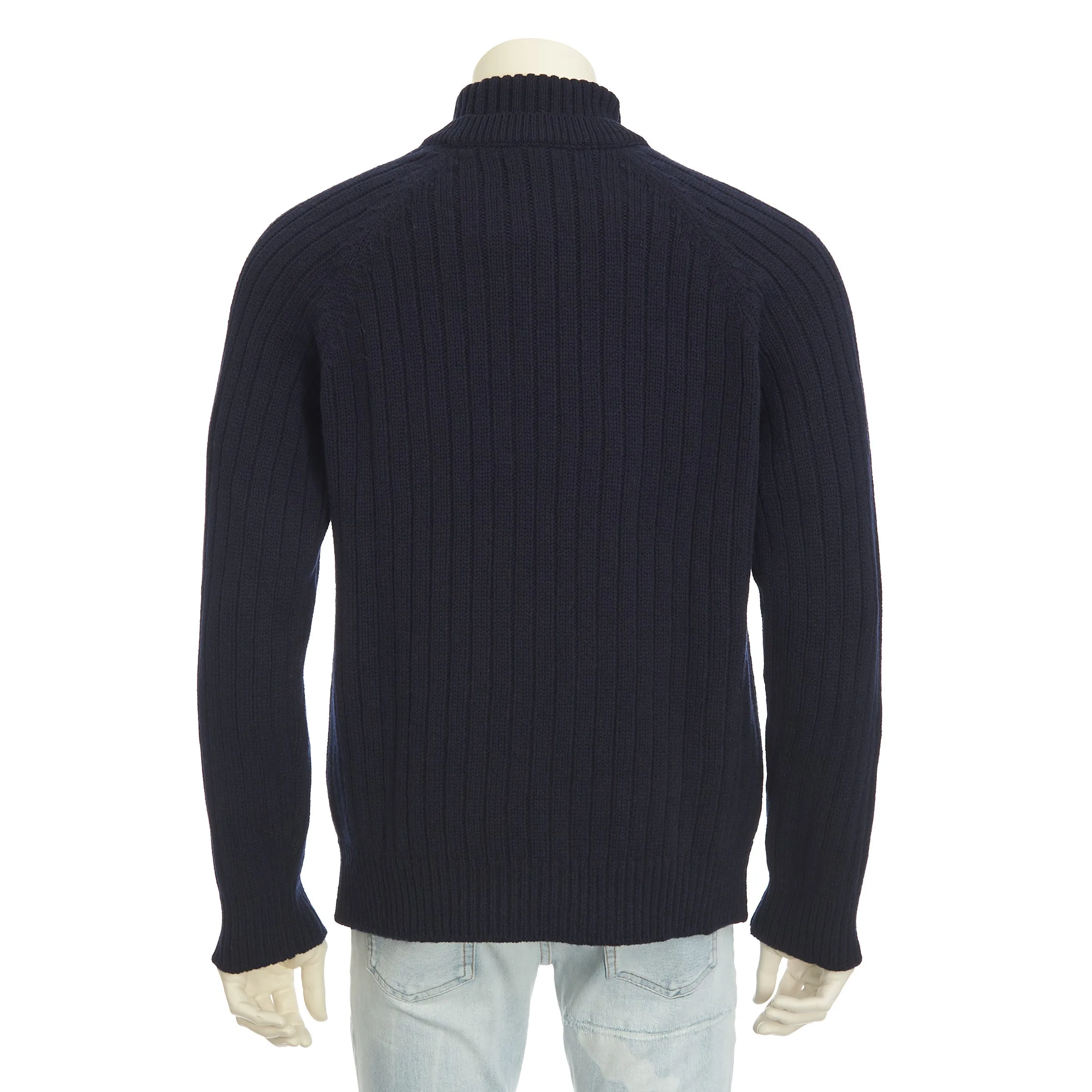 Navy Blue Wool Turtleneck Rib-Knit Sweater