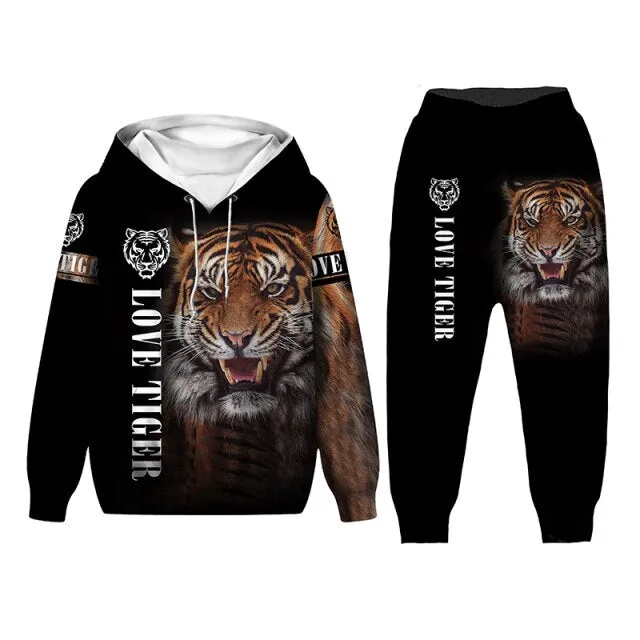 New Tiger 3D Printed Men Hooded Sweatshirts Teen Kids Casual Whiter Tiger Hoodies Pants Tracksuits 2pc Set Boys Clothing Suit