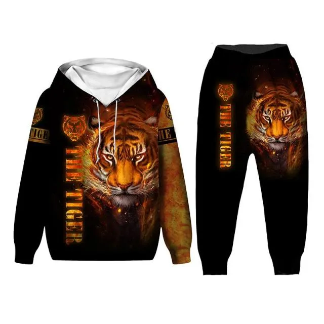 New Tiger 3D Printed Men Hooded Sweatshirts Teen Kids Casual Whiter Tiger Hoodies Pants Tracksuits 2pc Set Boys Clothing Suit