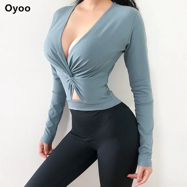 Oyoo Cute V neck twist yoga top long sleeves pink workout tops for women slim fit blue gym crop top super sexy sport shirt