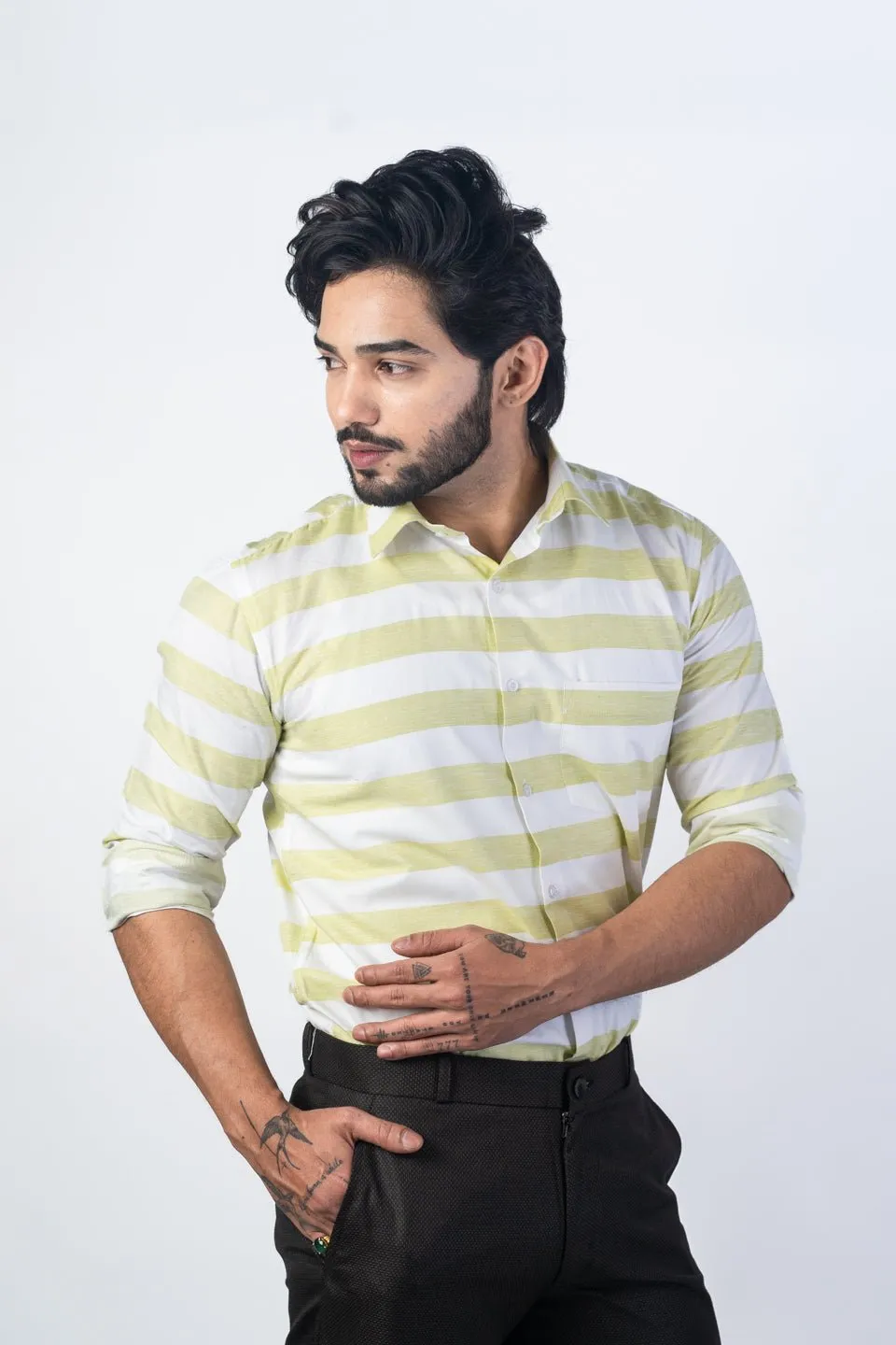 Pista Green Color Cotton Stripe Shirt For Men