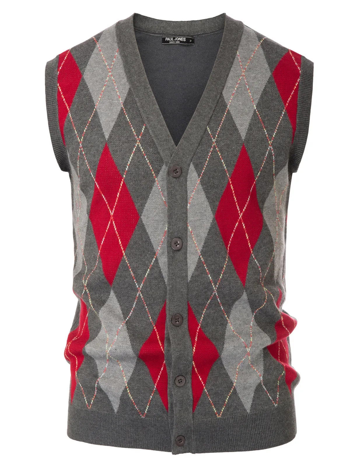 Pj Paul Jones Men Sleeveless Sweater Vest Contrast Color Diamond Pattern Button Placket