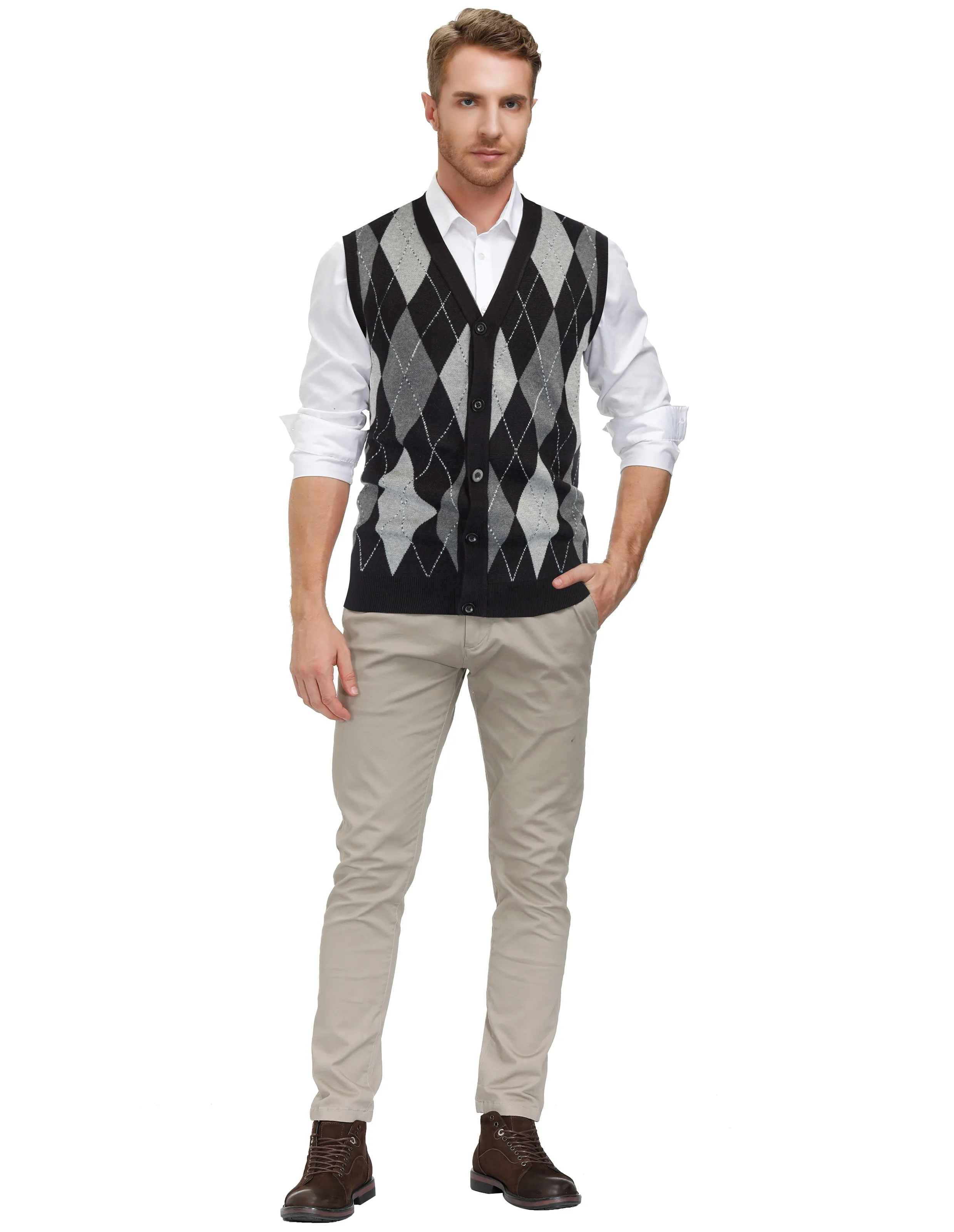 Pj Paul Jones Men Sleeveless Sweater Vest Contrast Color Diamond Pattern Button Placket