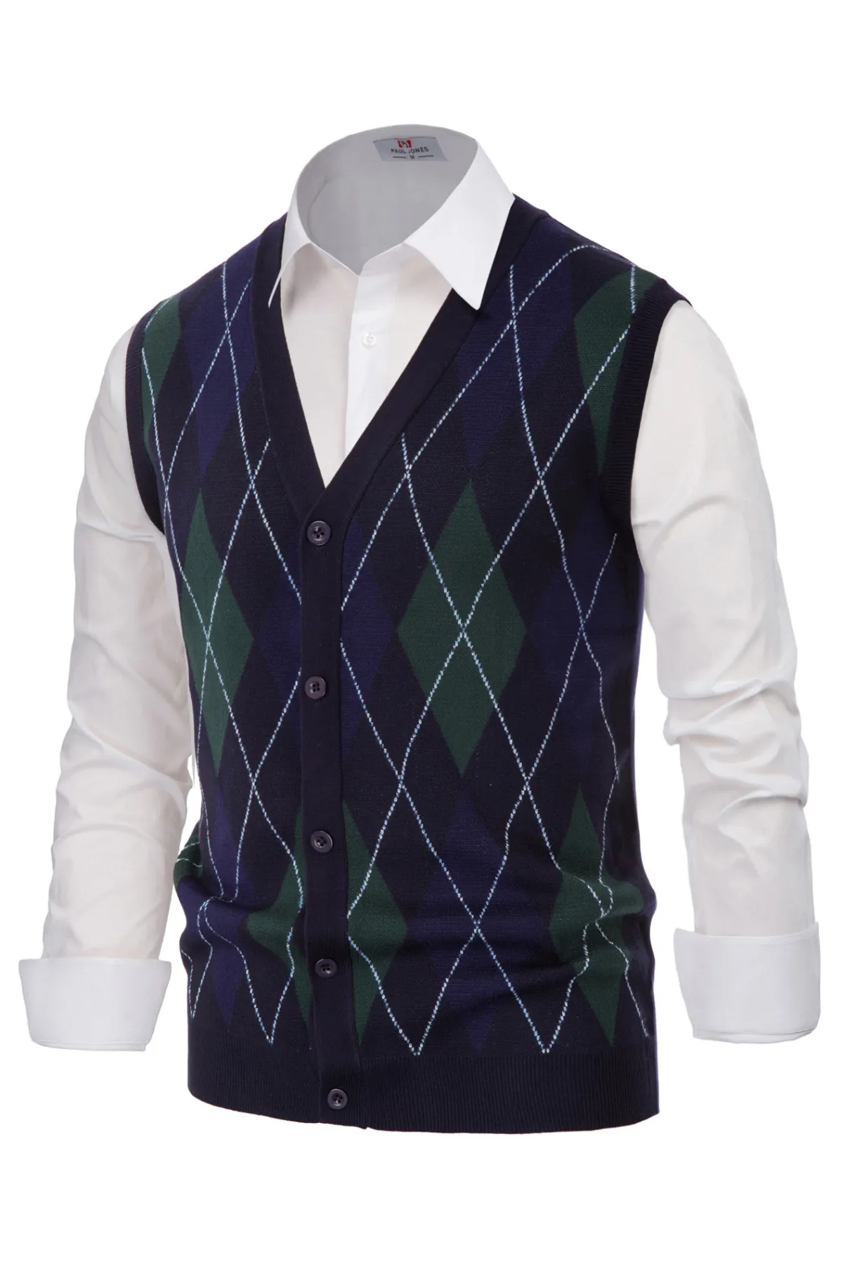 Pj Paul Jones Men Sleeveless Sweater Vest Contrast Color Diamond Pattern Button Placket