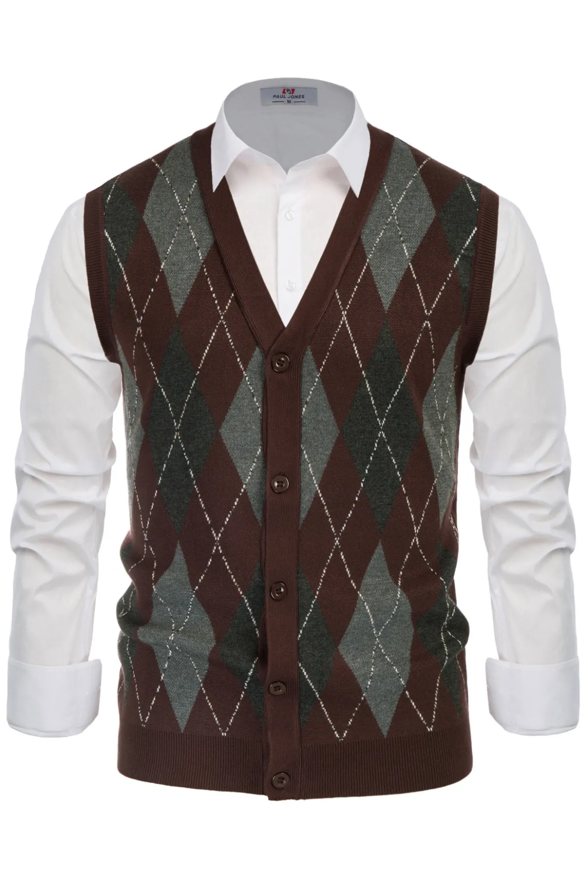 Pj Paul Jones Men Sleeveless Sweater Vest Contrast Color Diamond Pattern Button Placket