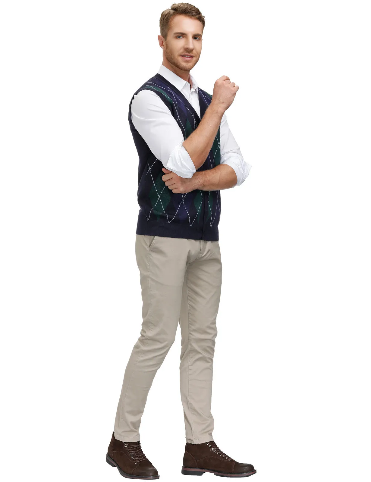 Pj Paul Jones Men Sleeveless Sweater Vest Contrast Color Diamond Pattern Button Placket