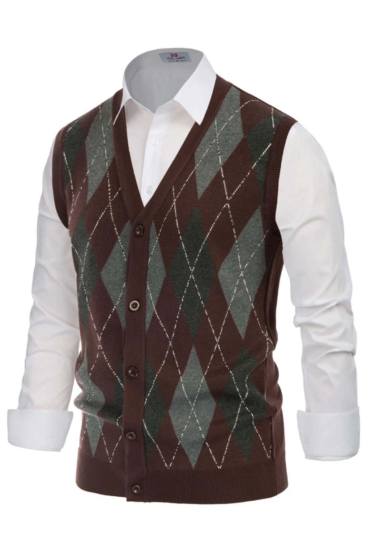 Pj Paul Jones Men Sleeveless Sweater Vest Contrast Color Diamond Pattern Button Placket