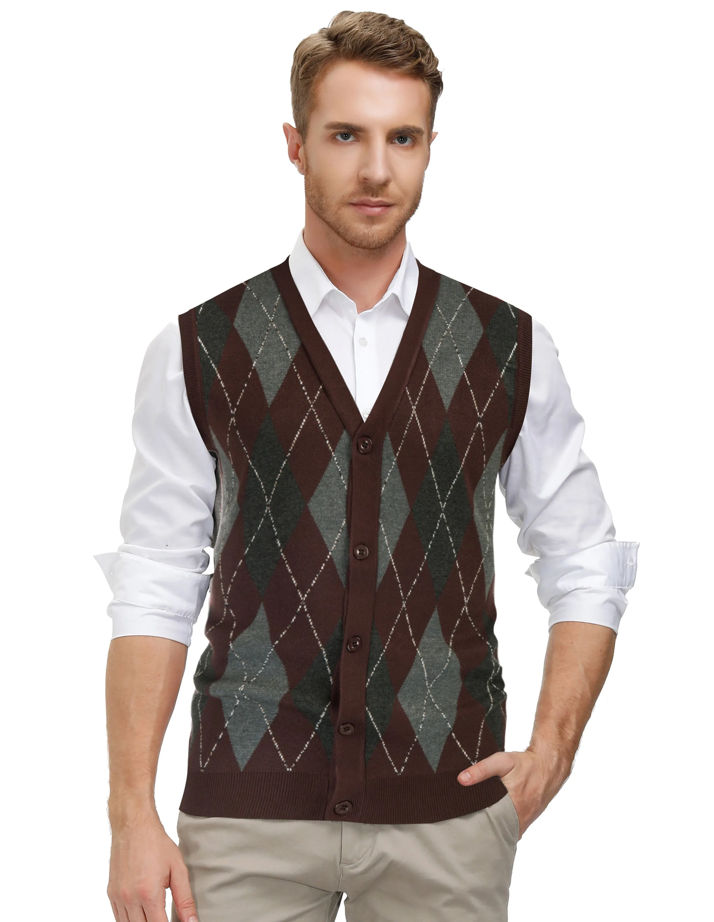 Pj Paul Jones Men Sleeveless Sweater Vest Contrast Color Diamond Pattern Button Placket