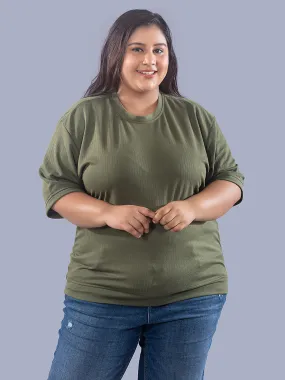 Plus Size Cotton Street Style T-shirts For Summer - Olive Green