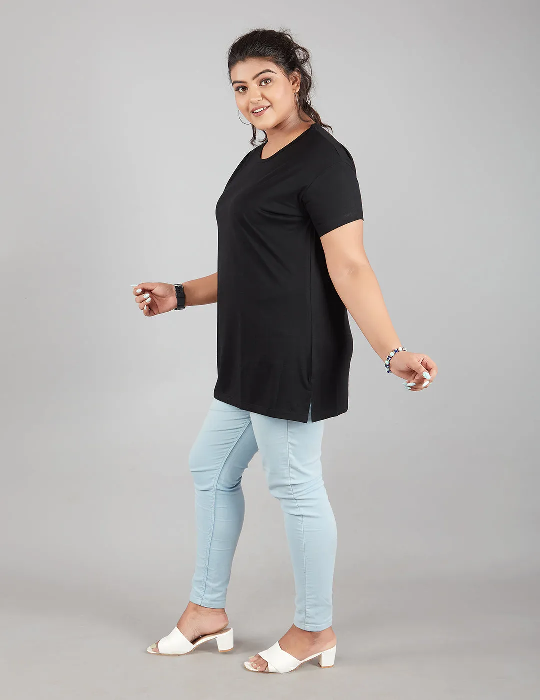 Plus Size Plain Cotton T-Shirt For Women - Black