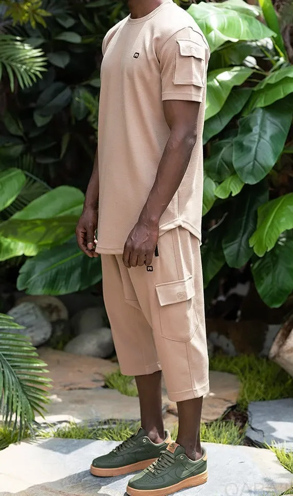 QL IGO Relaxed Cargo Shorts and T-Shirt Set in Camel