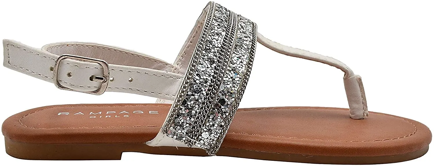 Rampage Girls Big Kid Glitter T-Strap Thong Slide Sandal with Adjustable Back Strap - Fashion Summer Flat Shoes