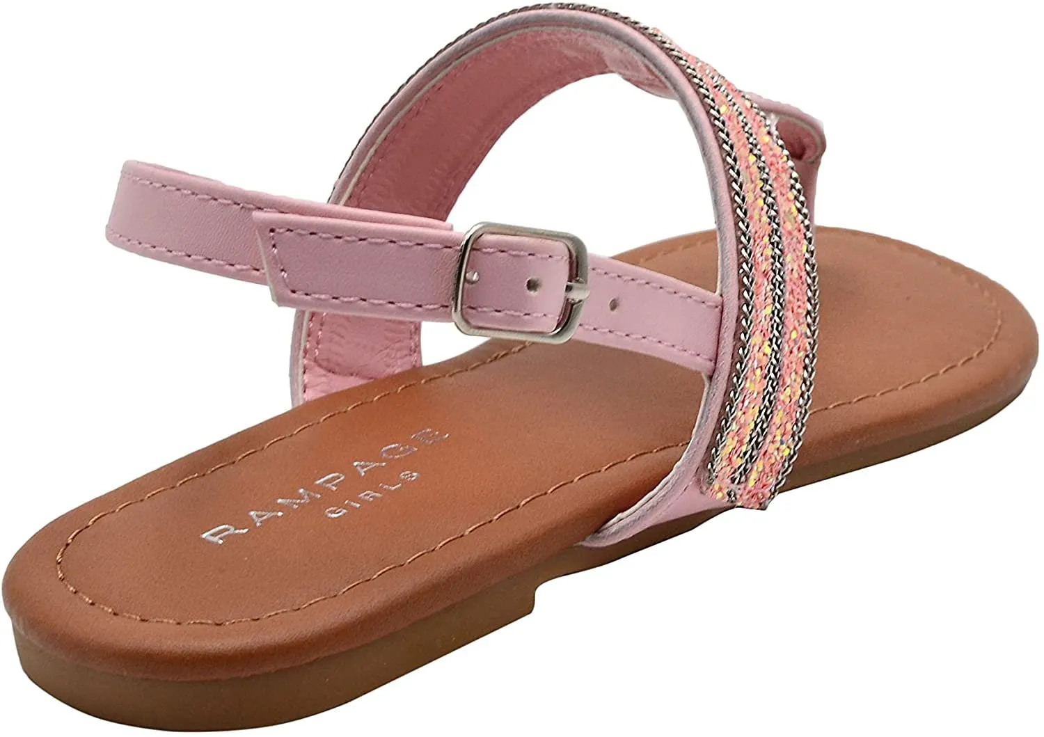 Rampage Girls Big Kid Glitter T-Strap Thong Slide Sandal with Adjustable Back Strap - Fashion Summer Flat Shoes