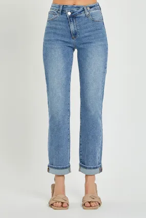 Risen Cross Over Straight Leg Jeans