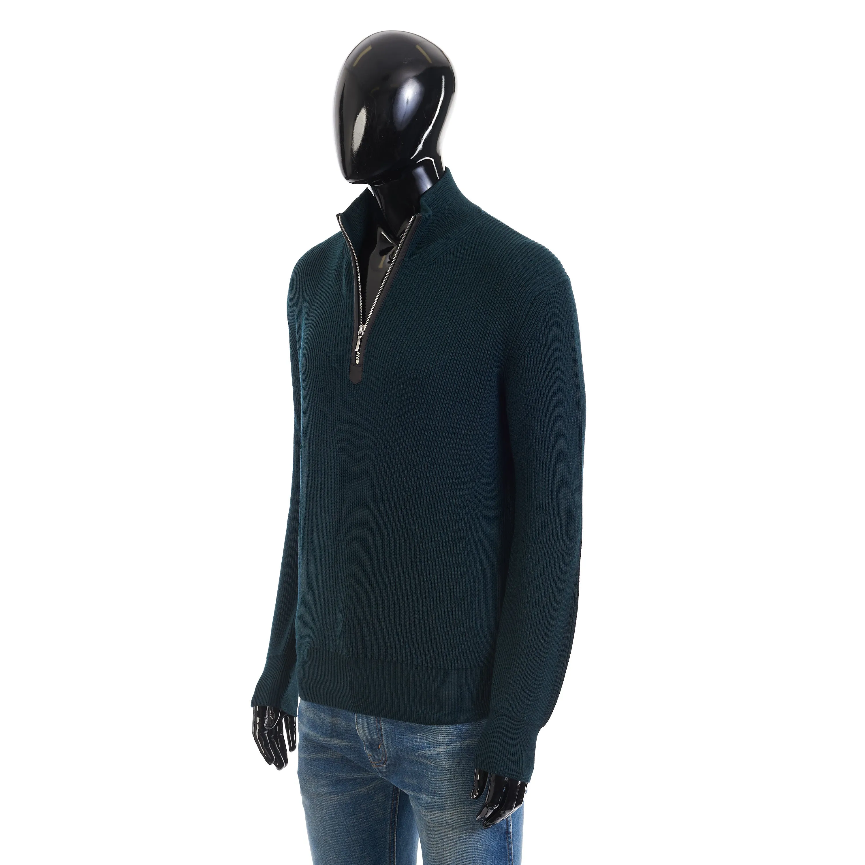 Sheffield Half-Zip Pullover In Green Virgin Wool & Silk