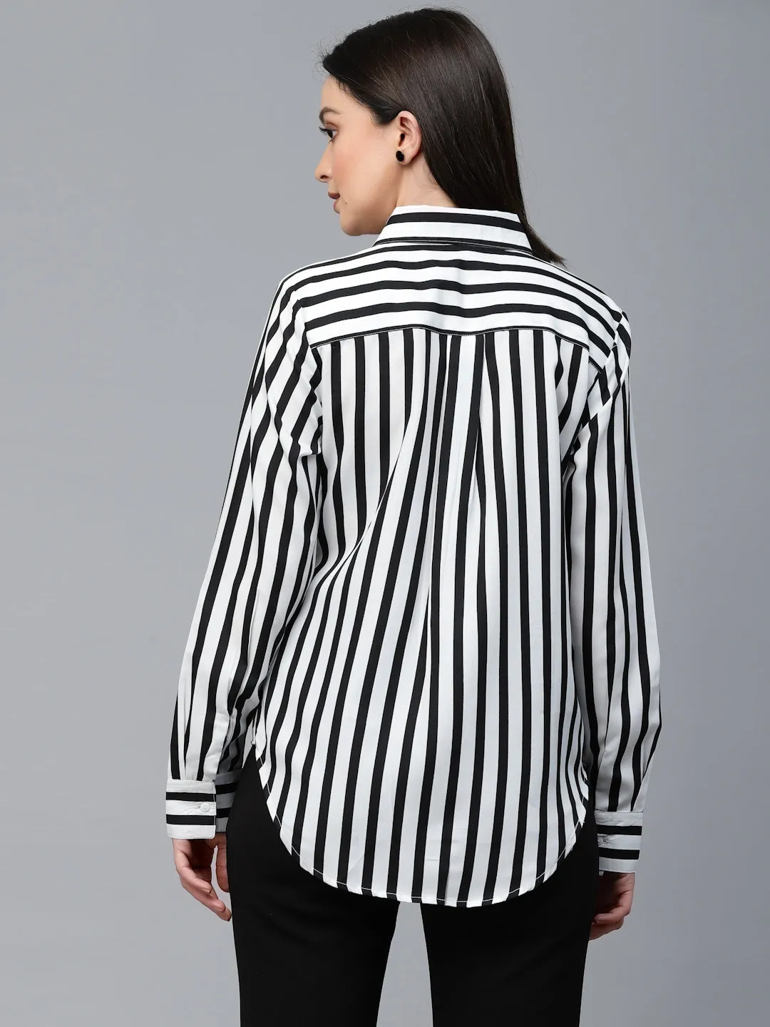 Style Quotient Women Black And White Stripe Polyester Regular Semi Formal Shirt