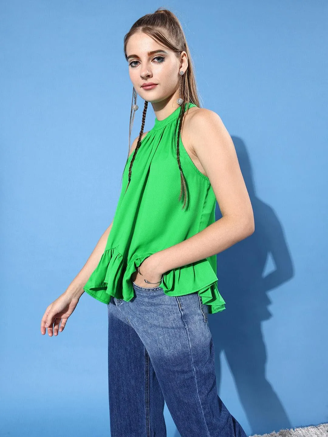 Style Quotient Women Green Halter Neck Crepe Top