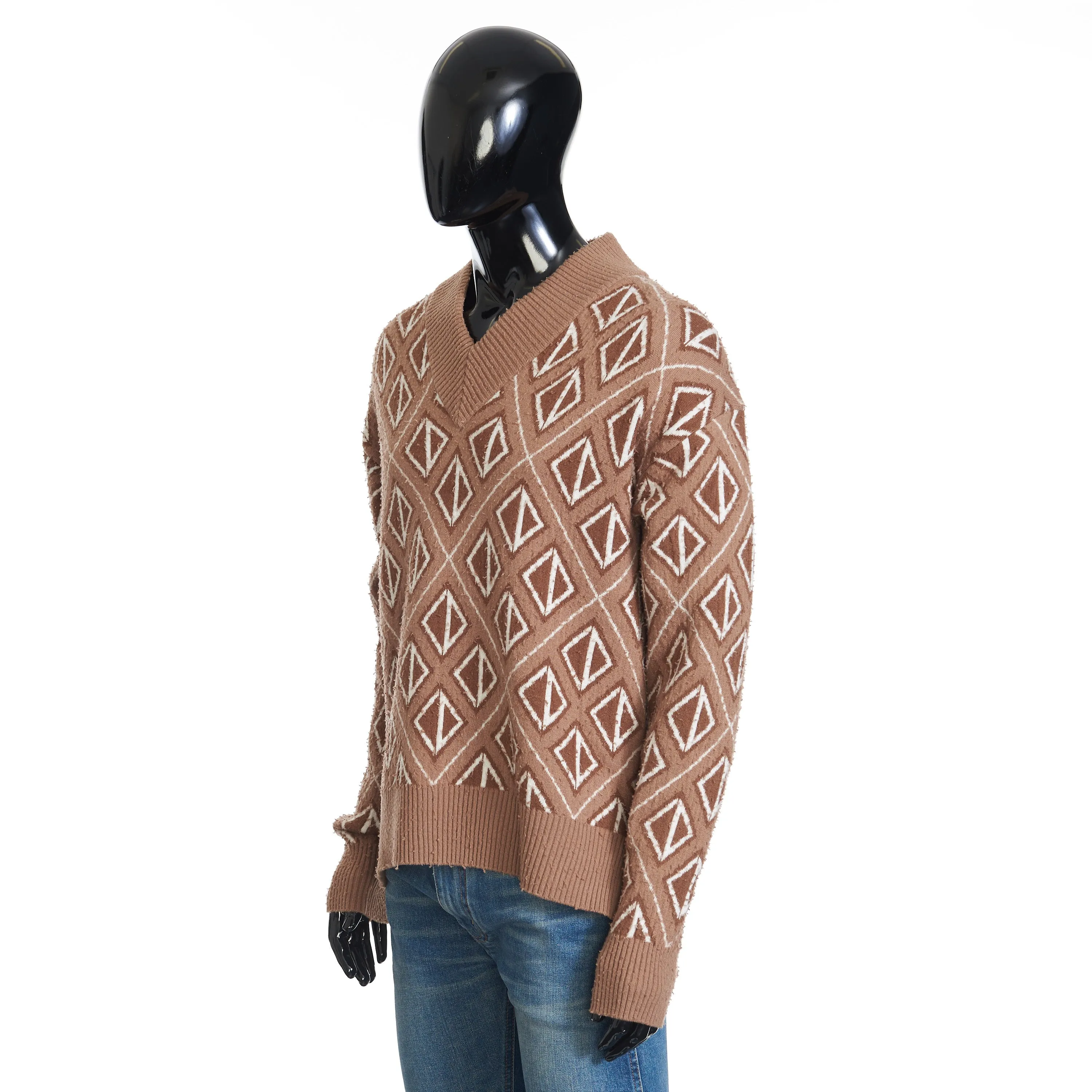 Sweater With CD Diamond Motif In Coffee Brown Wool and Cashmere Knit