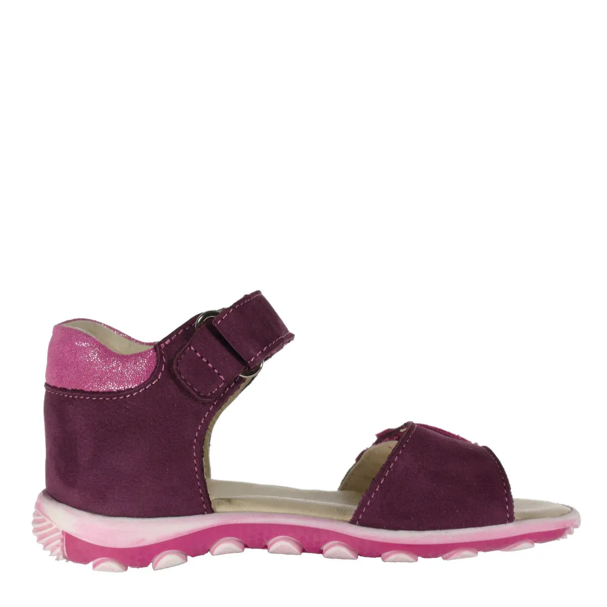 Szamos Kid Girl Sandals In Burgundy Color And Heart Pattern Double Velcro Strap - Made In Europe