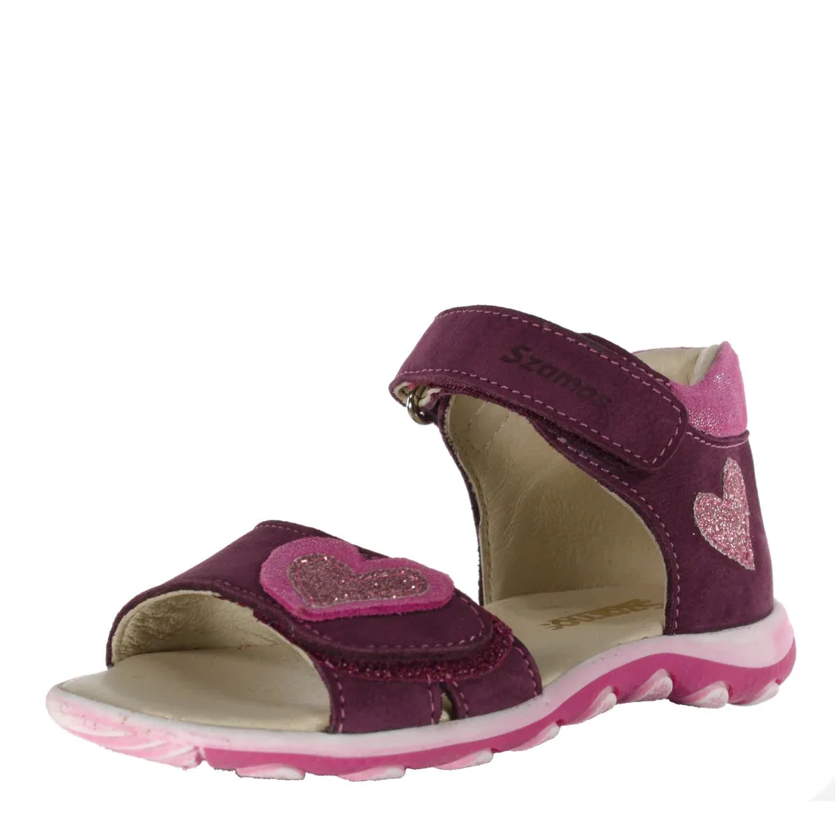 Szamos Kid Girl Sandals In Burgundy Color And Heart Pattern Double Velcro Strap - Made In Europe