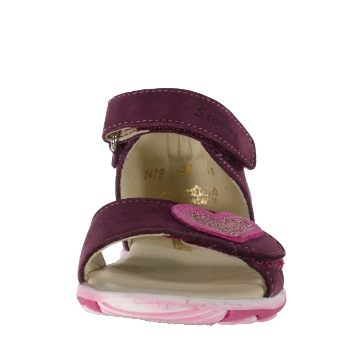 Szamos Kid Girl Sandals In Burgundy Color And Heart Pattern Double Velcro Strap - Made In Europe