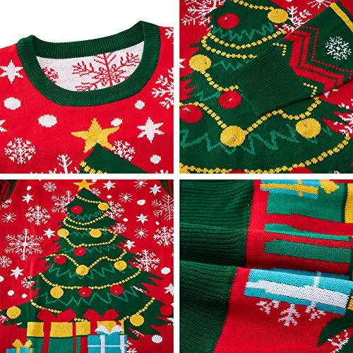 uideazone Women's Ugly Christmas Sweater Light-UP Christmas Tree Pattern Long Sleeve Knitted Pullover Sweatshirt Jumper