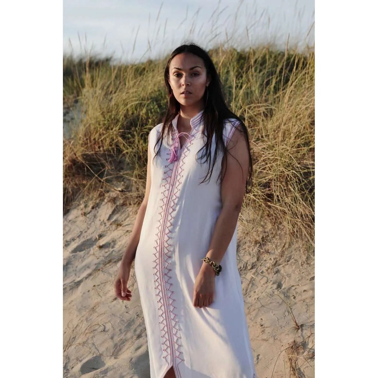 White & Pink Zigzag Boho Kaftan Caftan Loungewear - Moroccan Kaftan