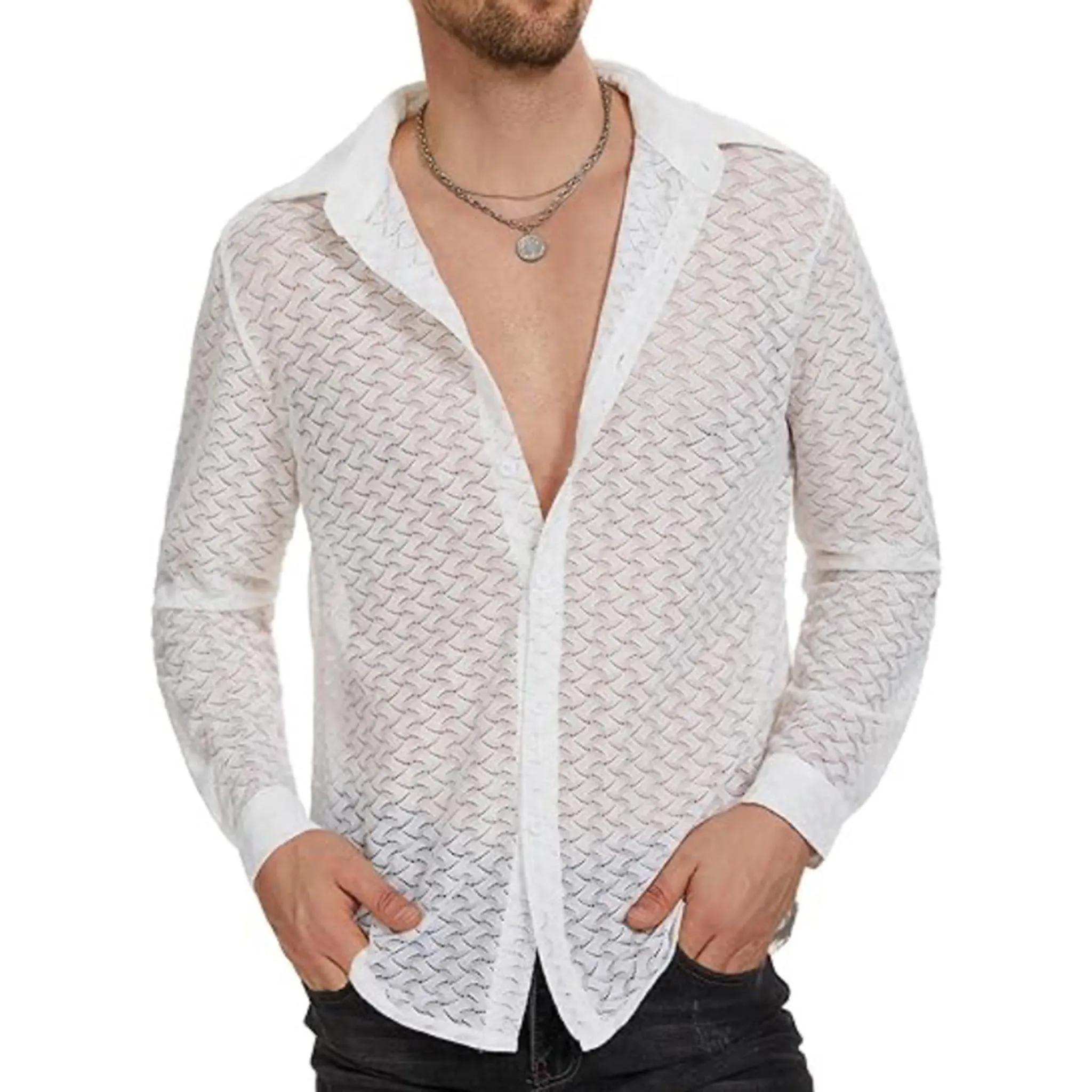 White Crochet Holiday Shirt for men