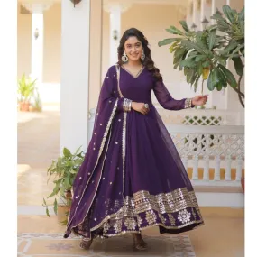 Wine Party wear Embroidery Sequin Women Gown Dupatta Suit