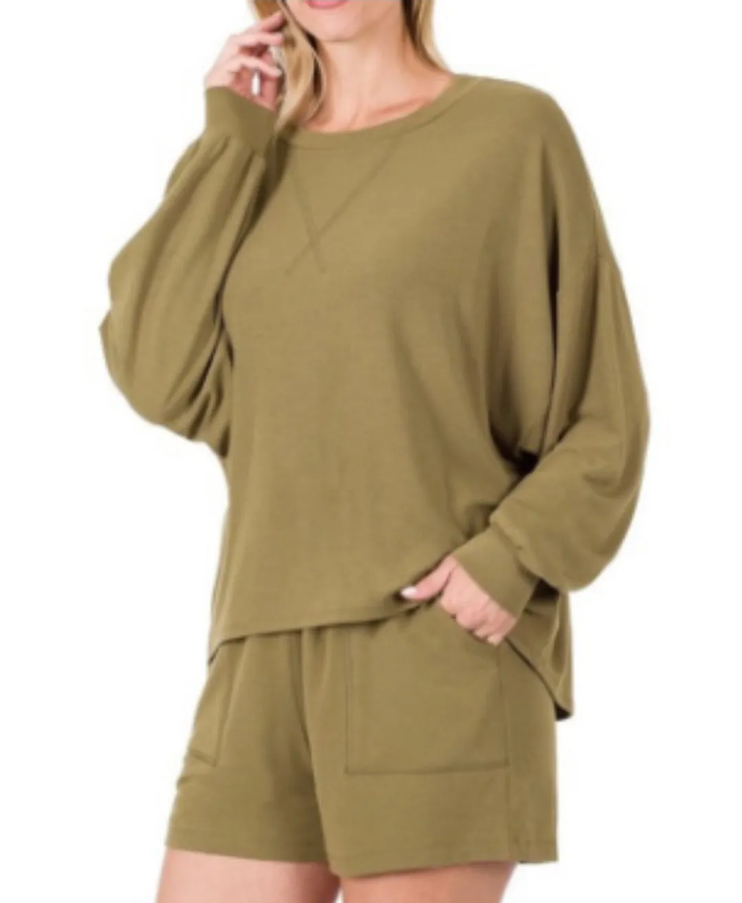 WOMEN KHAKI T-SHIRT OVERSIZED DROP SHOULDER SHORT OUTFIT SET