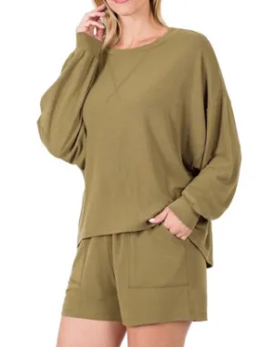 WOMEN KHAKI T-SHIRT OVERSIZED DROP SHOULDER SHORT OUTFIT SET