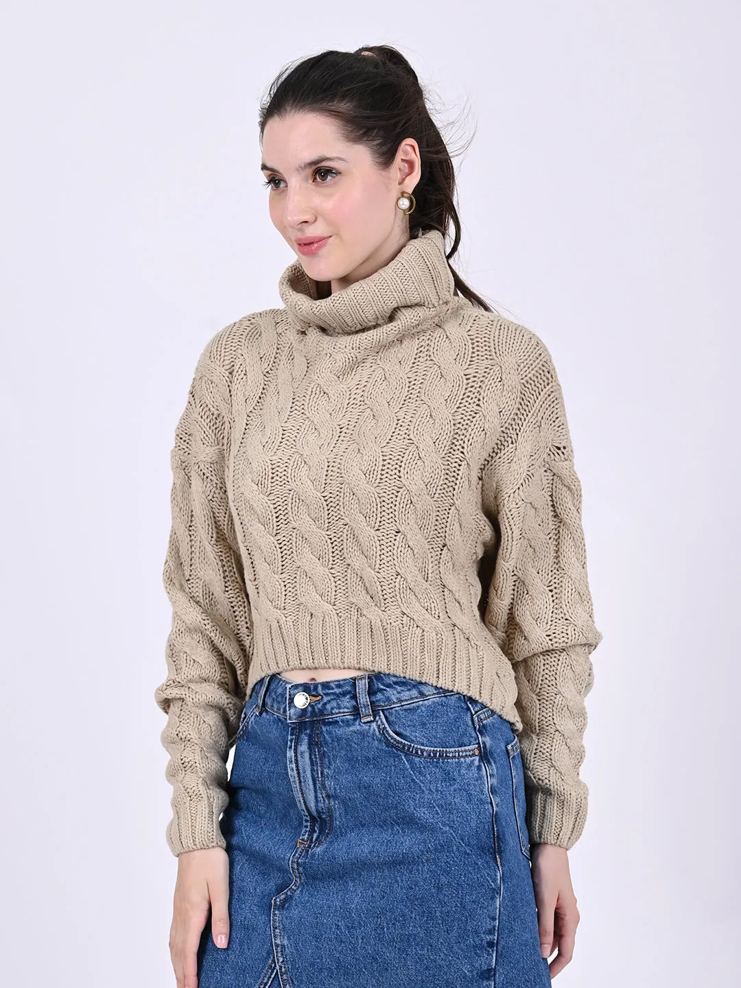 Women Lt Brown Cable Knit