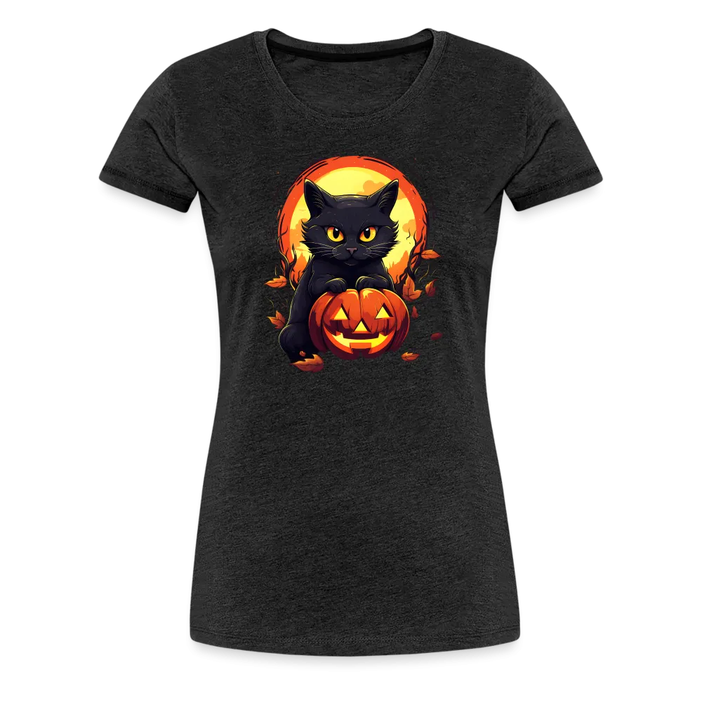 Women's 'Frightful Feline & Jack-O'-Lantern' Premium Tee: Where Halloween Classics Meet Chic Comfort