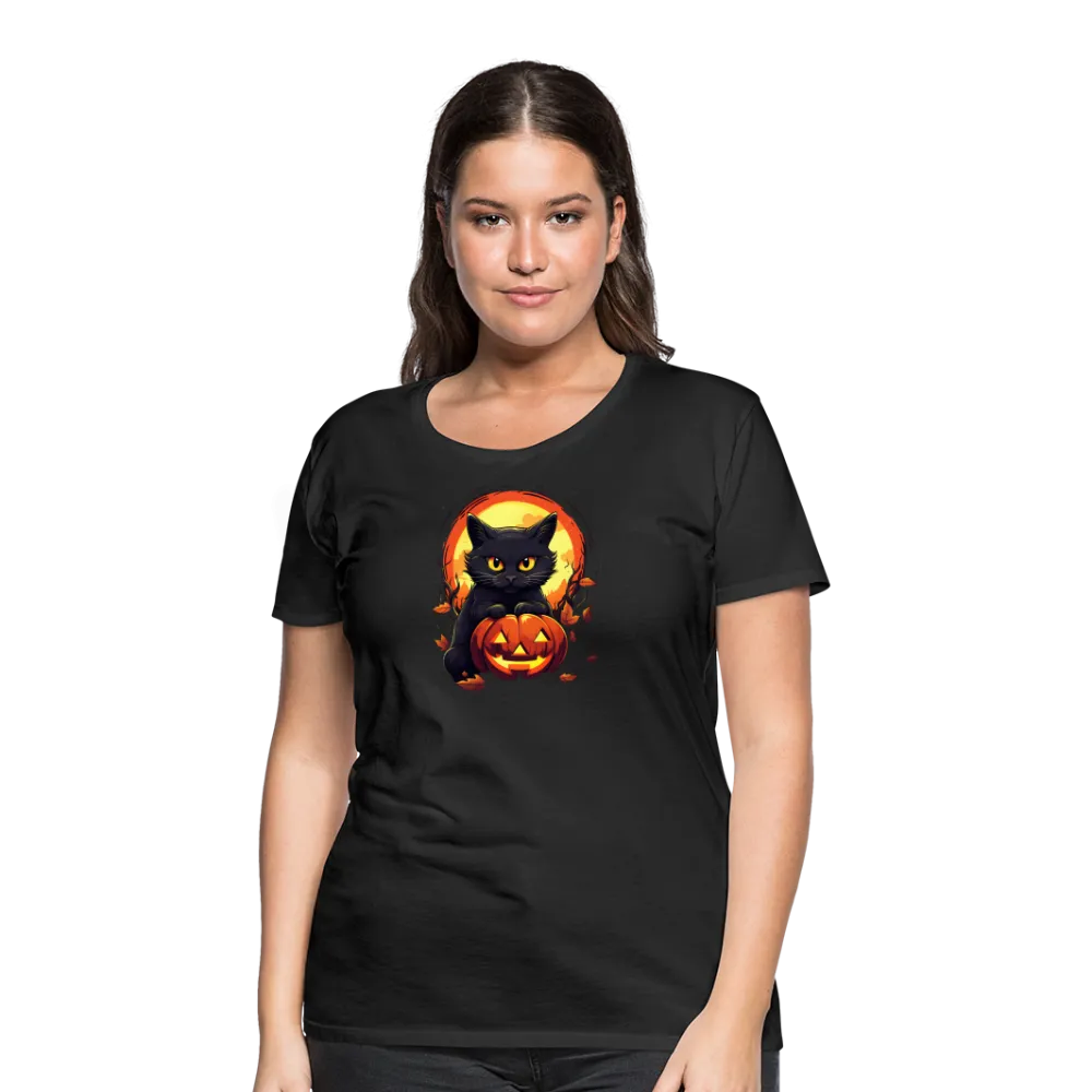 Women's 'Frightful Feline & Jack-O'-Lantern' Premium Tee: Where Halloween Classics Meet Chic Comfort