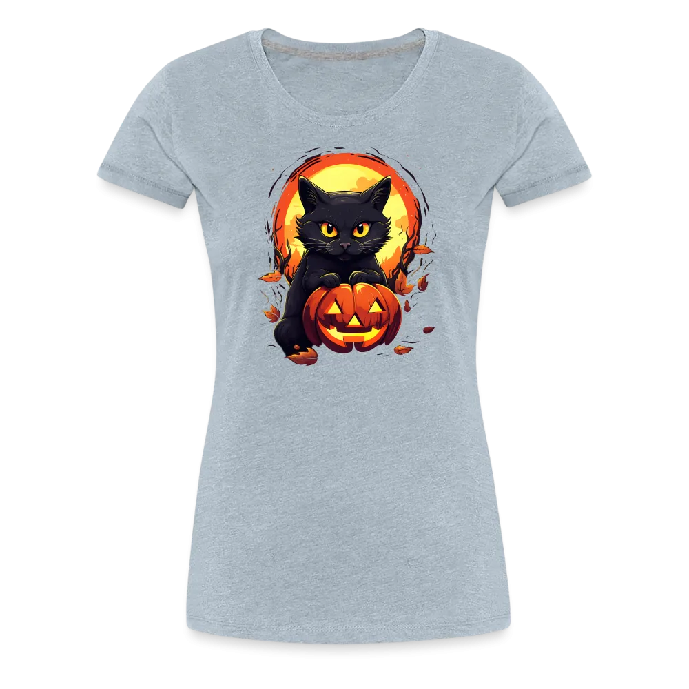 Women's 'Frightful Feline & Jack-O'-Lantern' Premium Tee: Where Halloween Classics Meet Chic Comfort