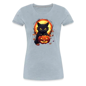 Women's 'Frightful Feline & Jack-O'-Lantern' Premium Tee: Where Halloween Classics Meet Chic Comfort