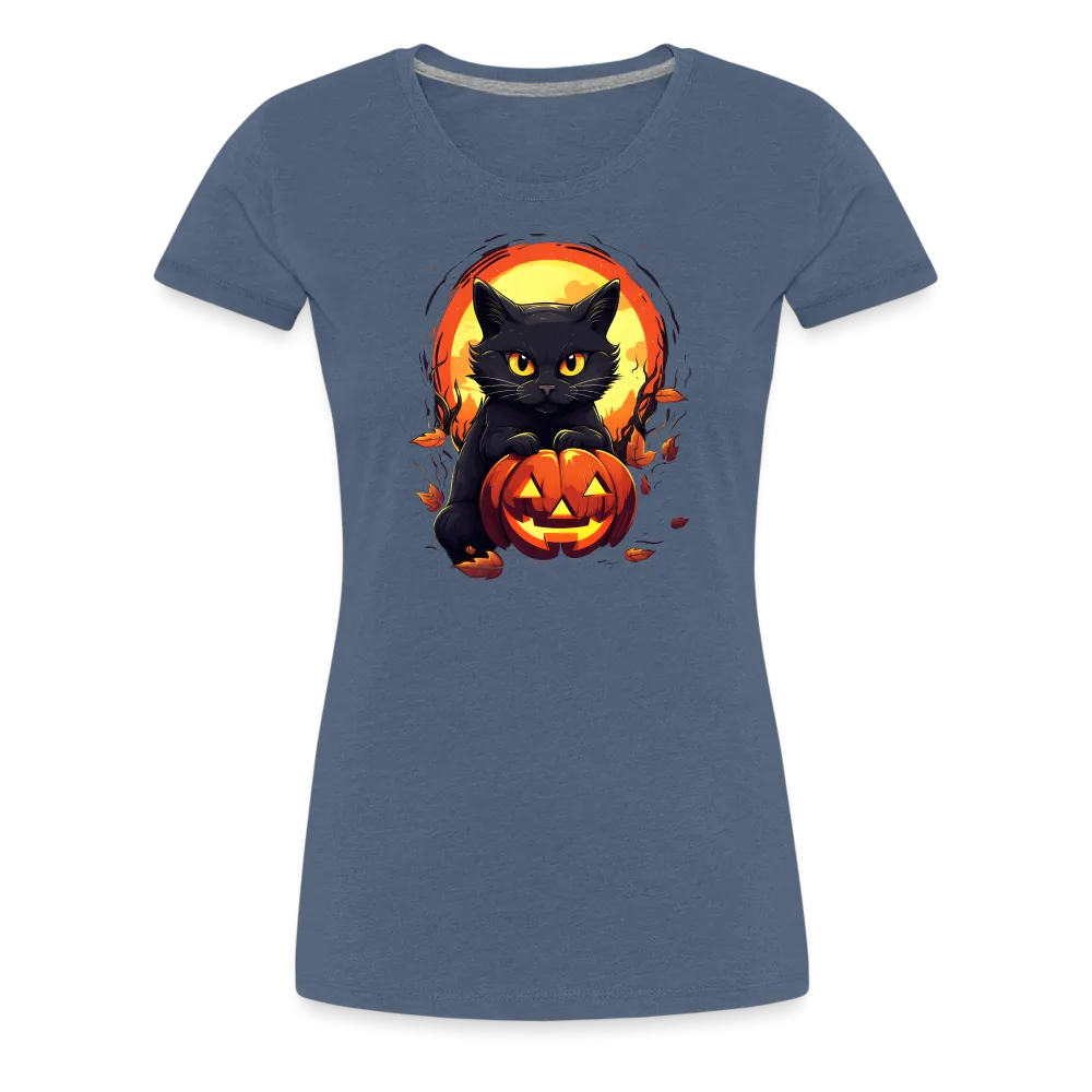 Women's 'Frightful Feline & Jack-O'-Lantern' Premium Tee: Where Halloween Classics Meet Chic Comfort