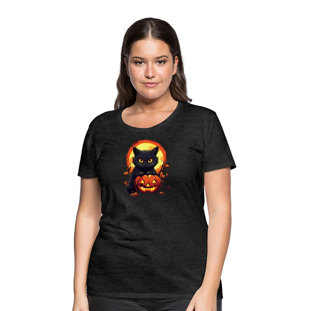 Women's 'Frightful Feline & Jack-O'-Lantern' Premium Tee: Where Halloween Classics Meet Chic Comfort